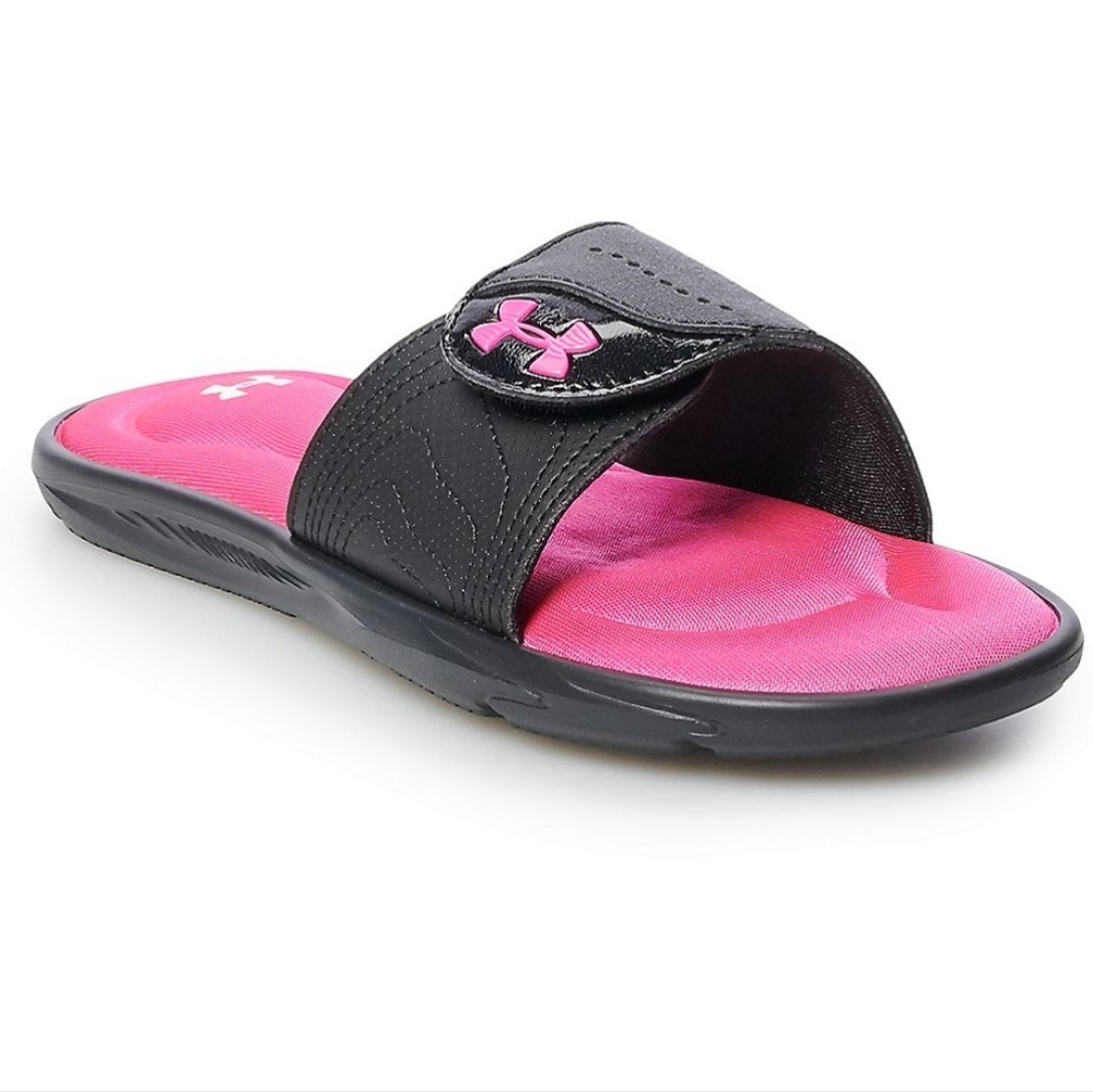 Under Armor Ignite IX Slide Sandals Adjustable Hot Pink/Black  Girls Size 4  NEW